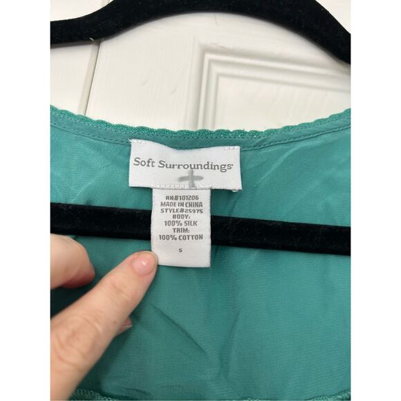Soft Surroundings Green Blue Teal Button Blouse, 100% Silk Top, Size Small - Picture 6 of 11